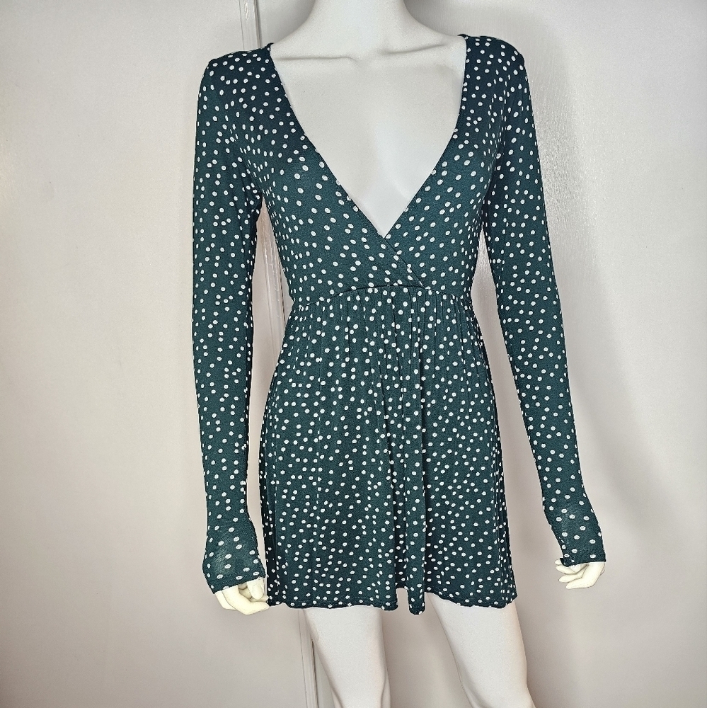 PLT Womens Long Sleeve Green White Polka Dot Wrap Dress V Neck Size US 6 UK 10